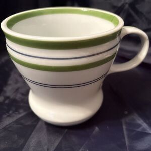 2007 Starbucks White Coffee Mug Green‎ Band Blue Stripes Tea Cup 12oz